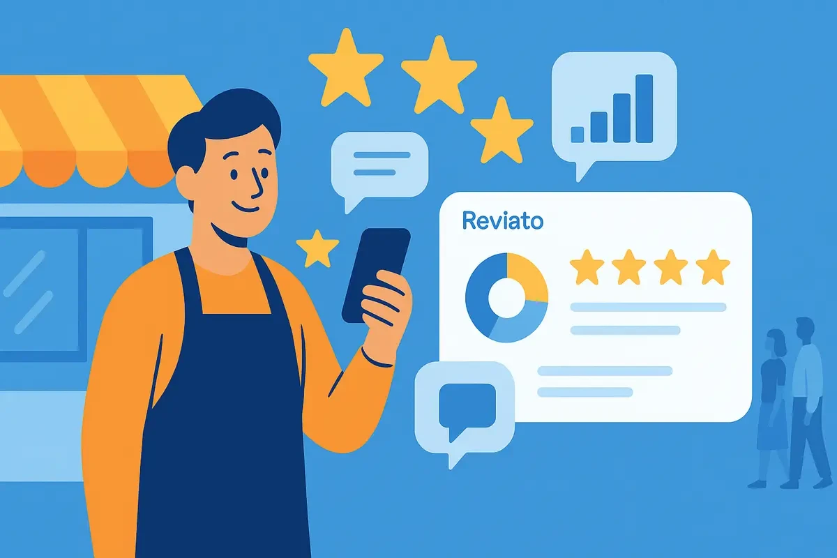 Manager reviewing online feedback in front of the storefront