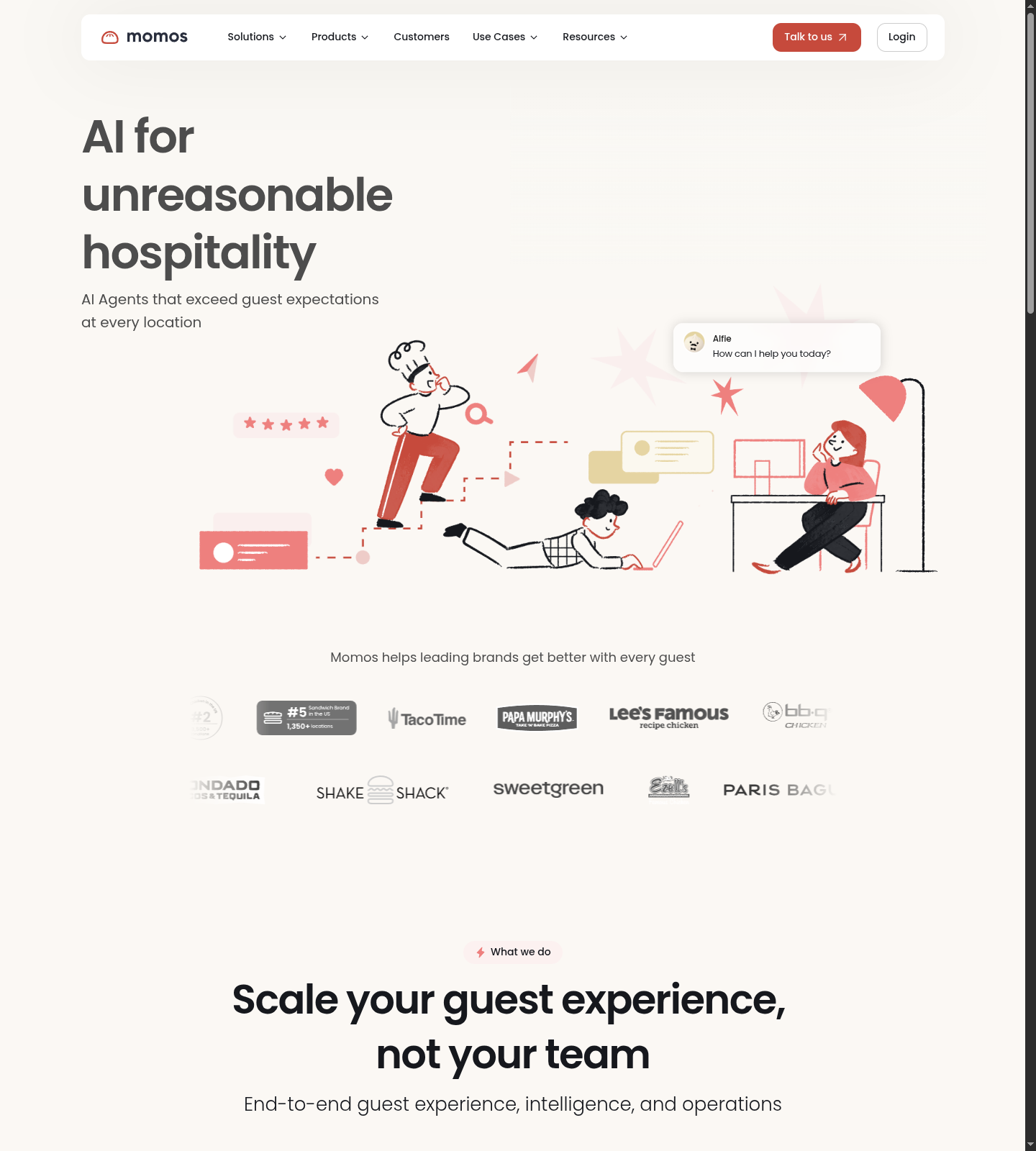Momos homepage navigation showing demo-led buying path without a visible pricing link