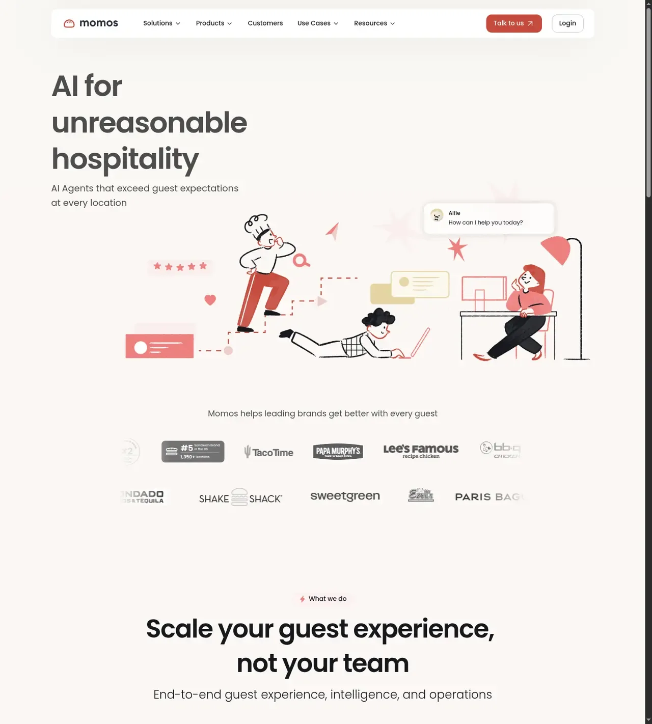 Momos homepage navigation showing demo-led buying path without a visible pricing link