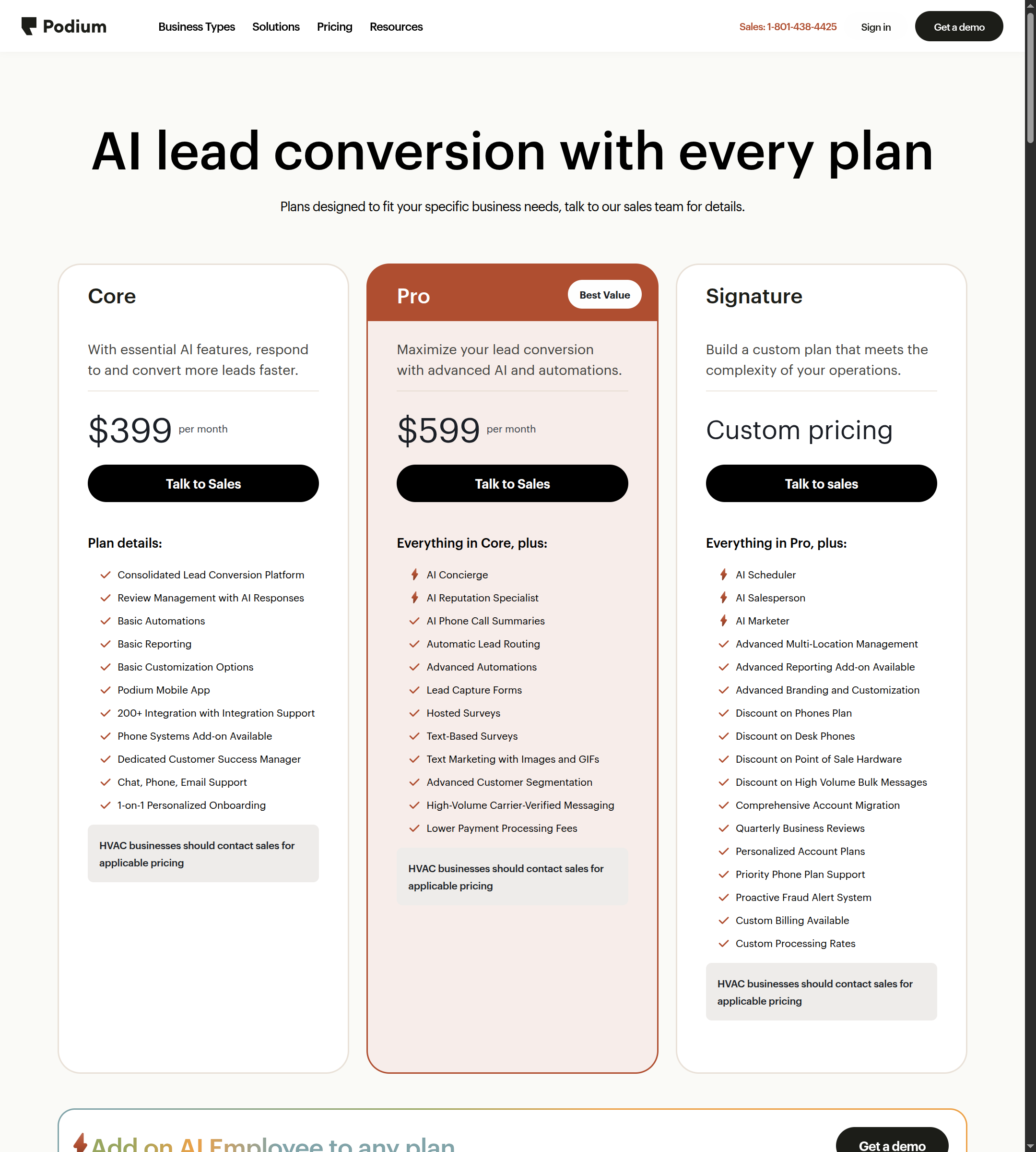 Podium public pricing page showing Core, Pro, and Signature plan options