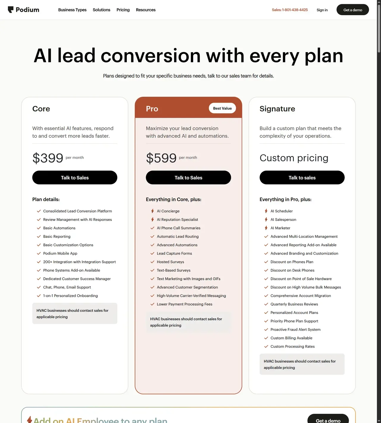 Podium public pricing page showing Core, Pro, and Signature plan options