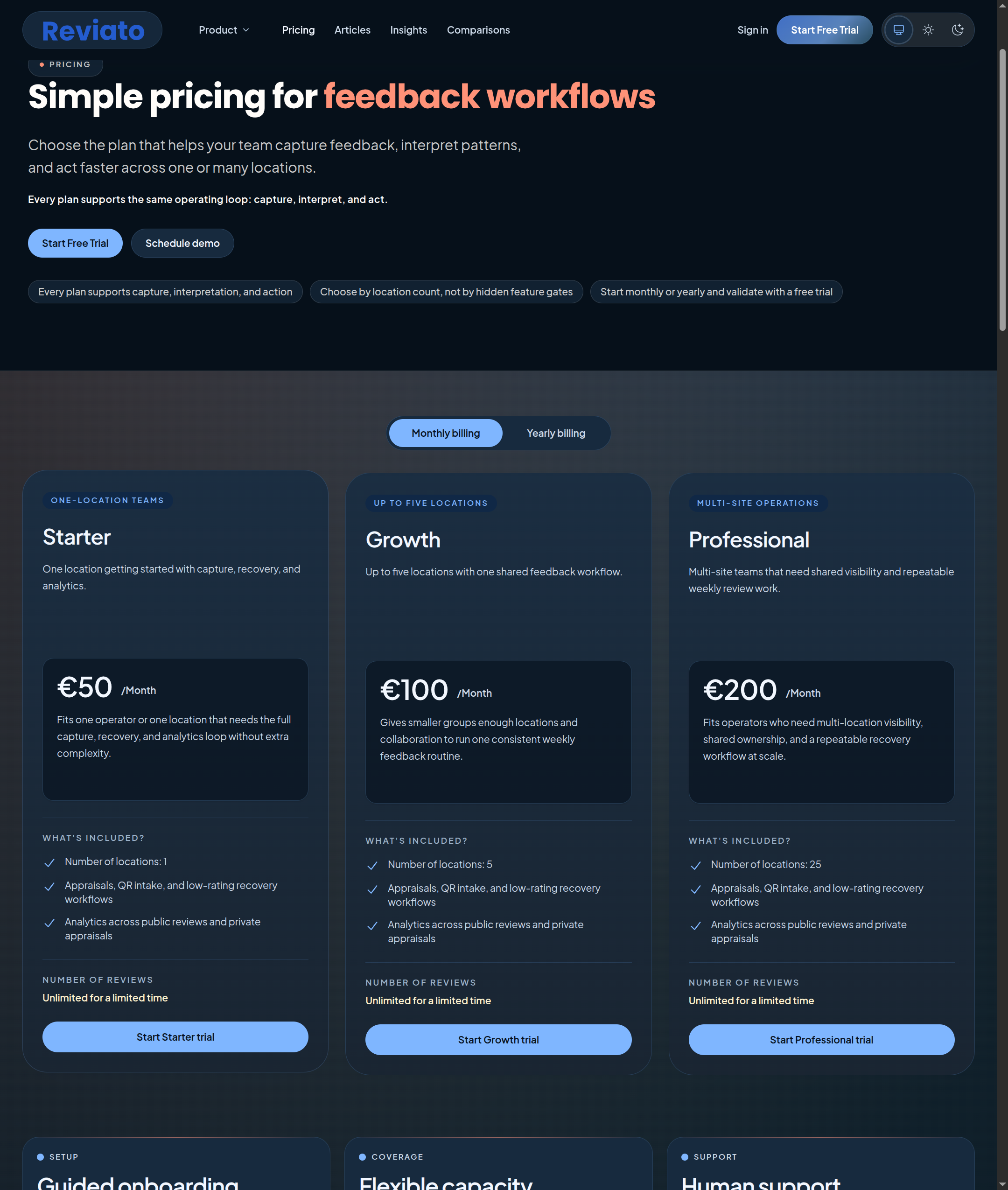 Reviato public pricing page showing plan options for hospitality feedback workflows