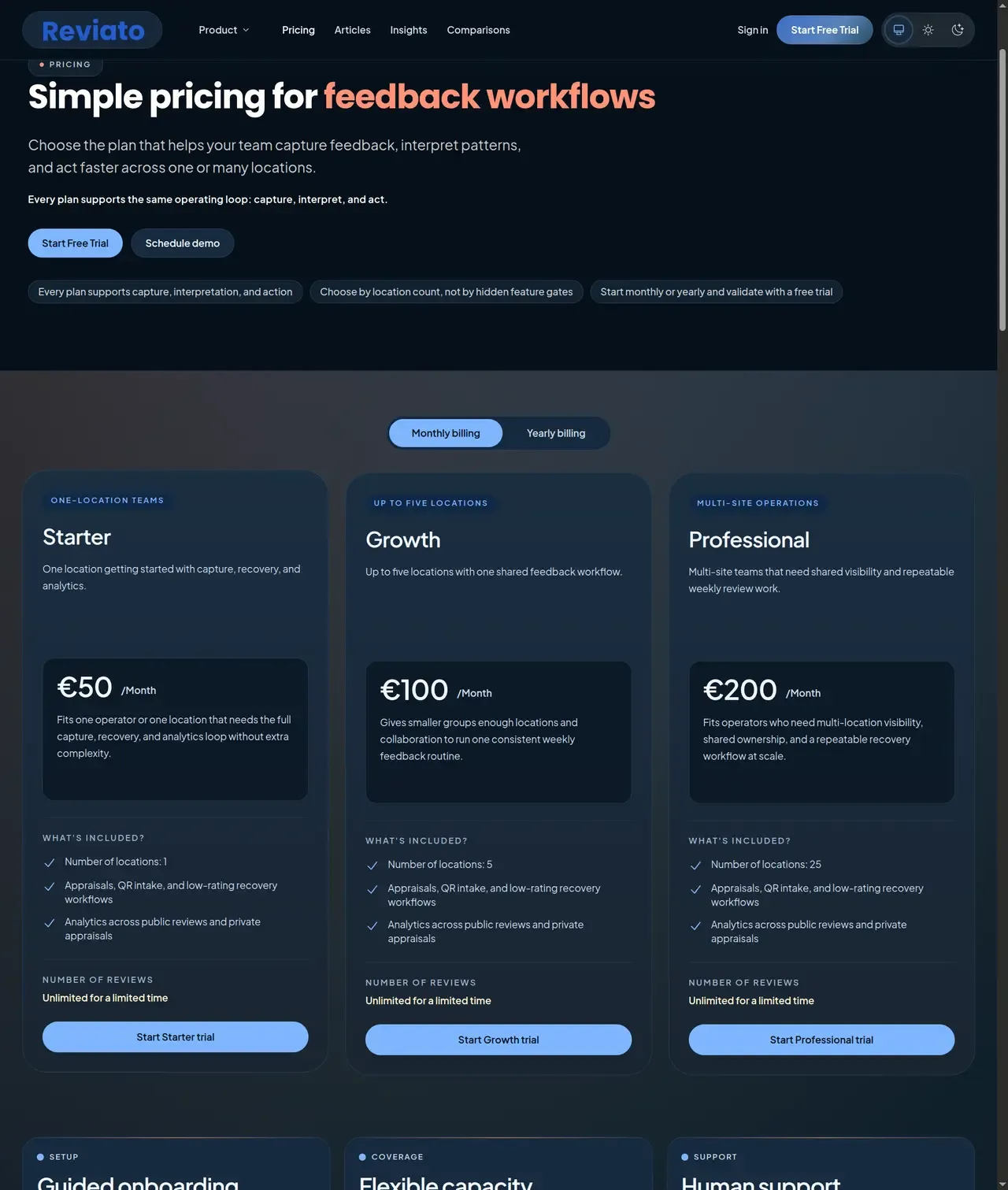 Reviato public pricing page showing plan options for private feedback and public review analysis