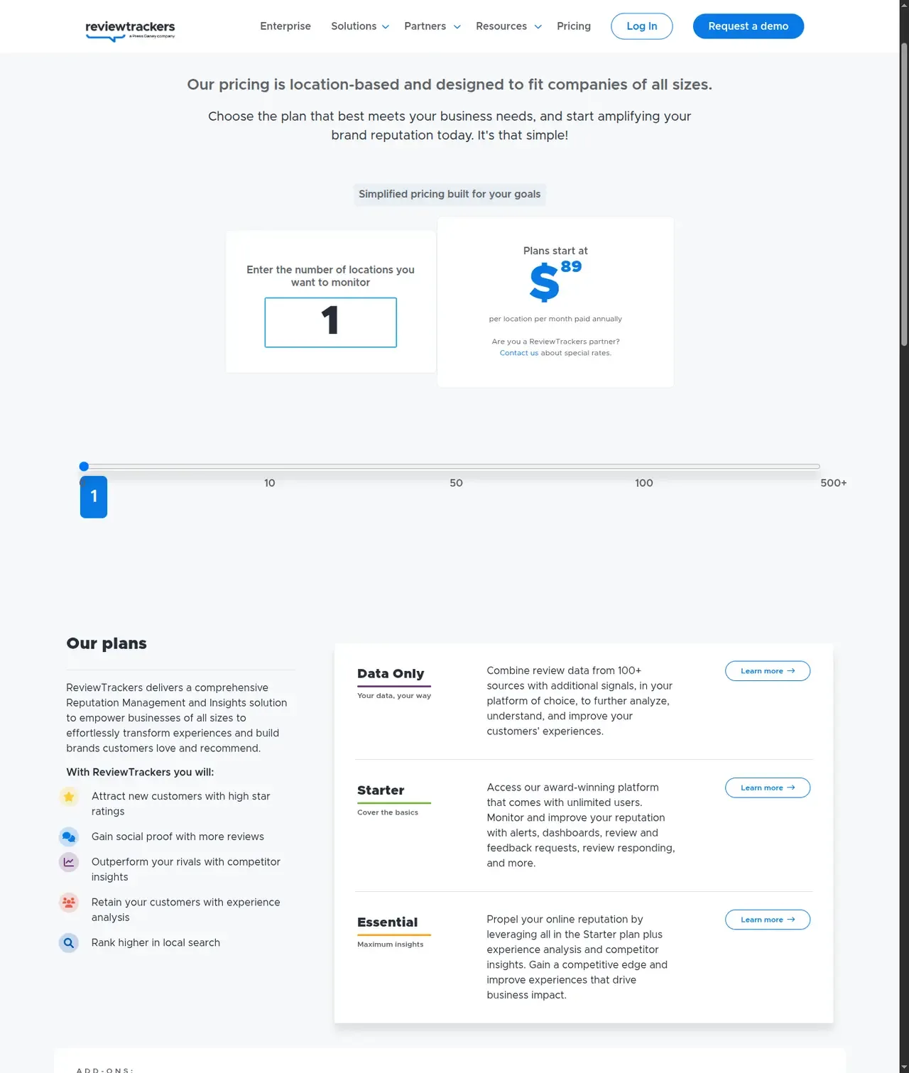 ReviewTrackers public plans page showing one-location pricing starting at $89 per location per month paid annually