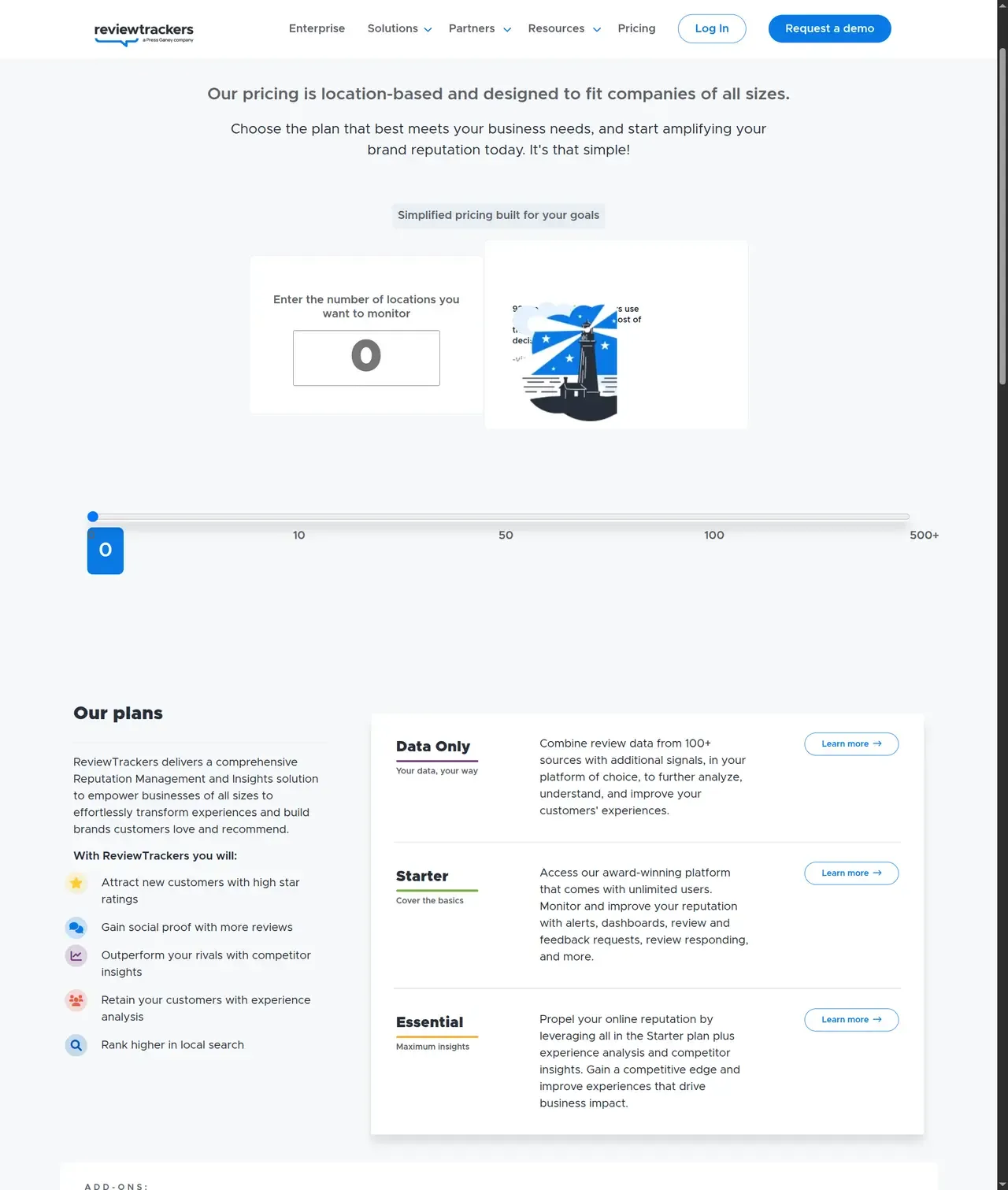 ReviewTrackers public plans page showing location-based pricing workflow and plan options