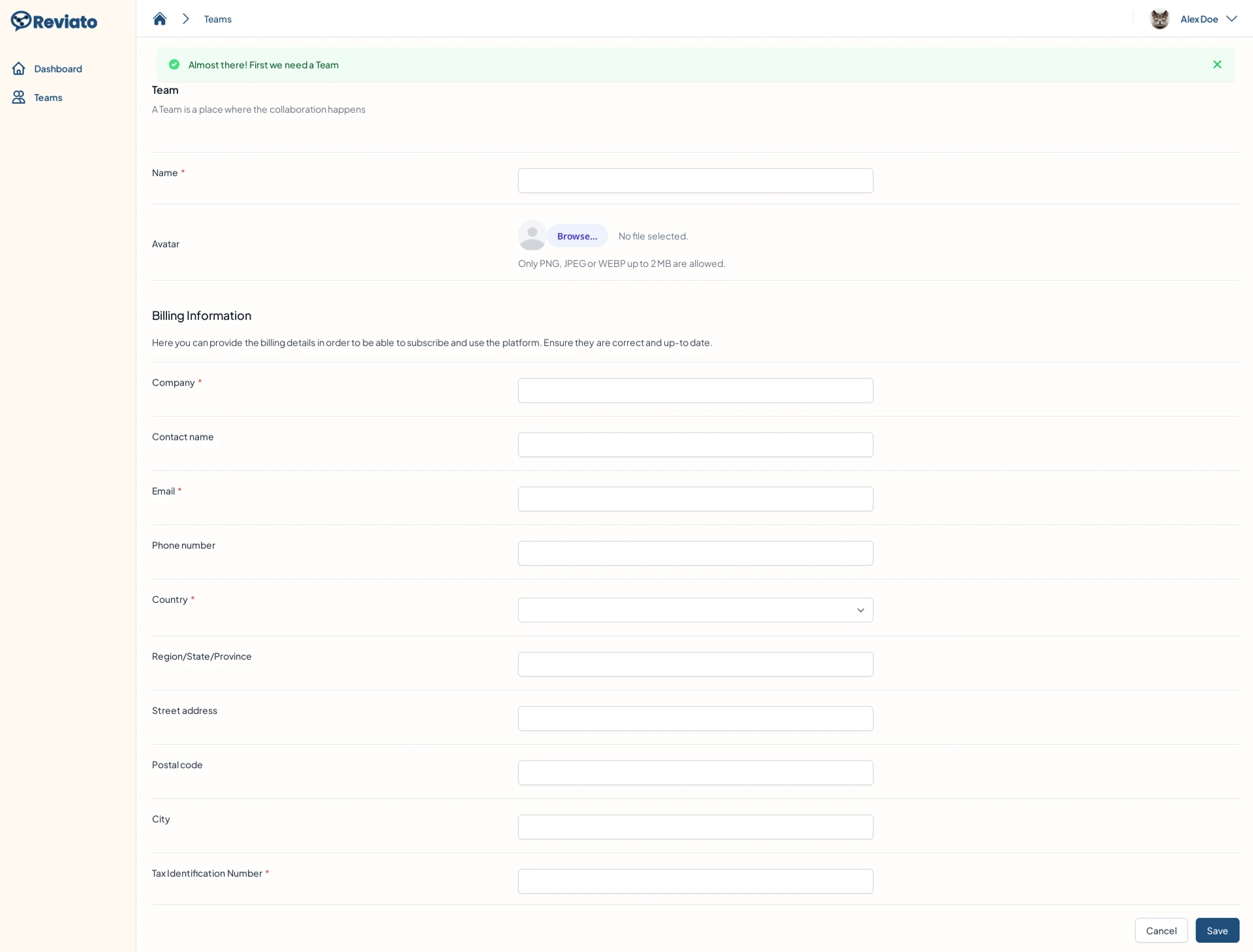 Reviato Setup Screenshot: Create Your Team