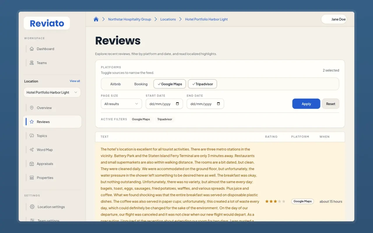 Review search & filtering across platforms and locations