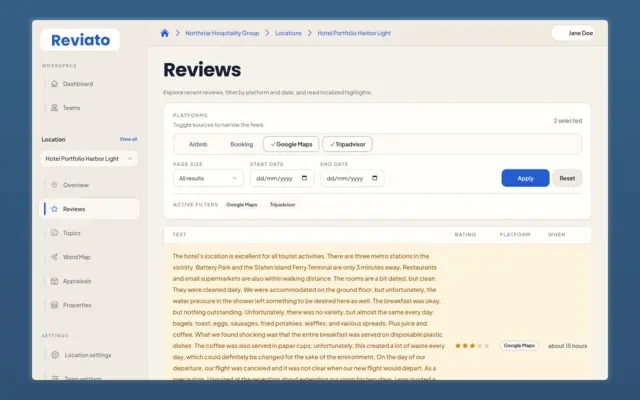 Review search & filtering across platforms and locations