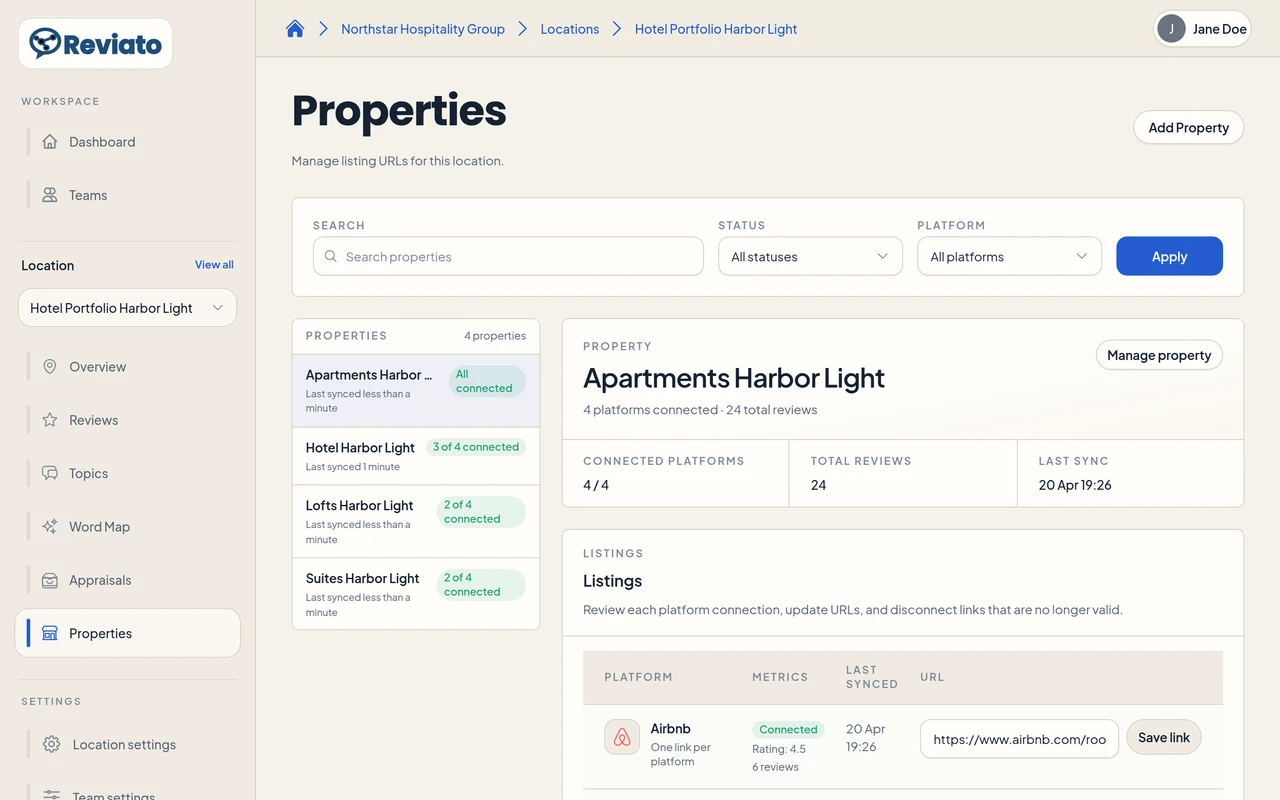 Property connection screen for linking review listings