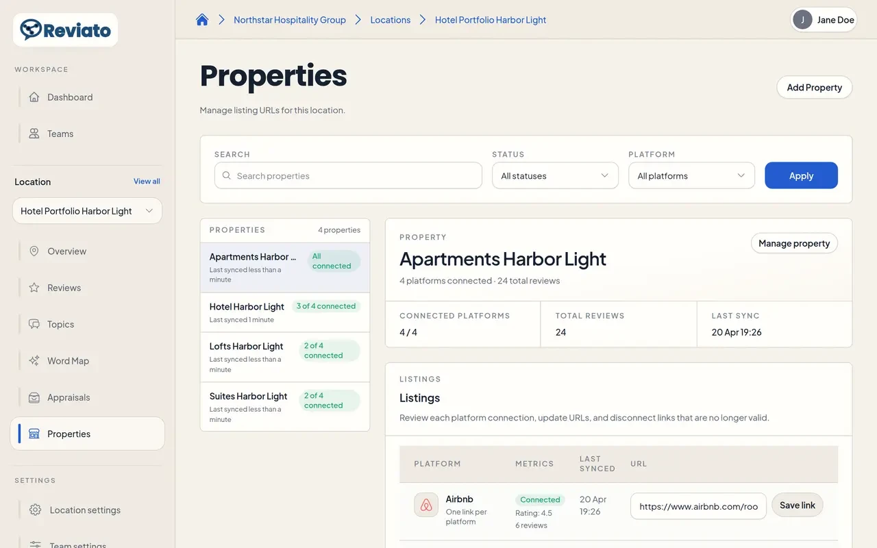 Property connection screen for linking review listings