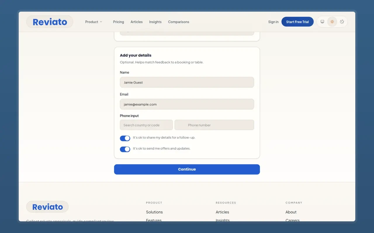 Private feedback form with customer details and consent