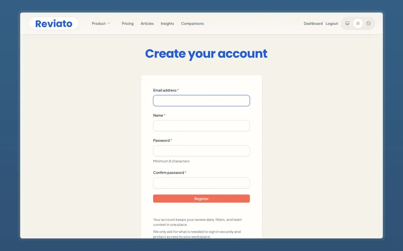 Account registration screen for starting a Reviato workspace