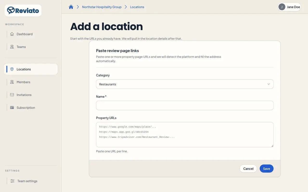 New location form for adding a business to Reviato