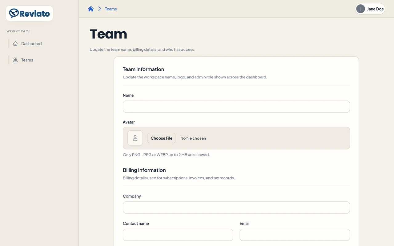 Team setup screen for creating a workspace in Reviato