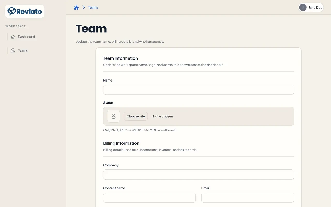 Team setup screen for creating a workspace in Reviato