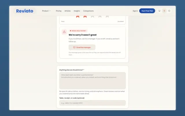 Low-rating private feedback form prompting the guest to contact the manager