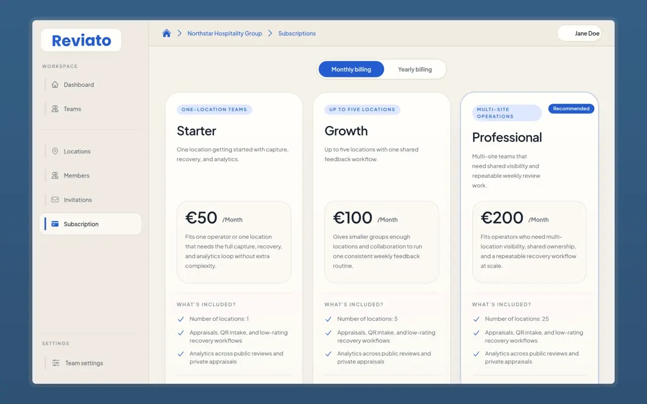 Subscription checkout screen for starting a Reviato trial