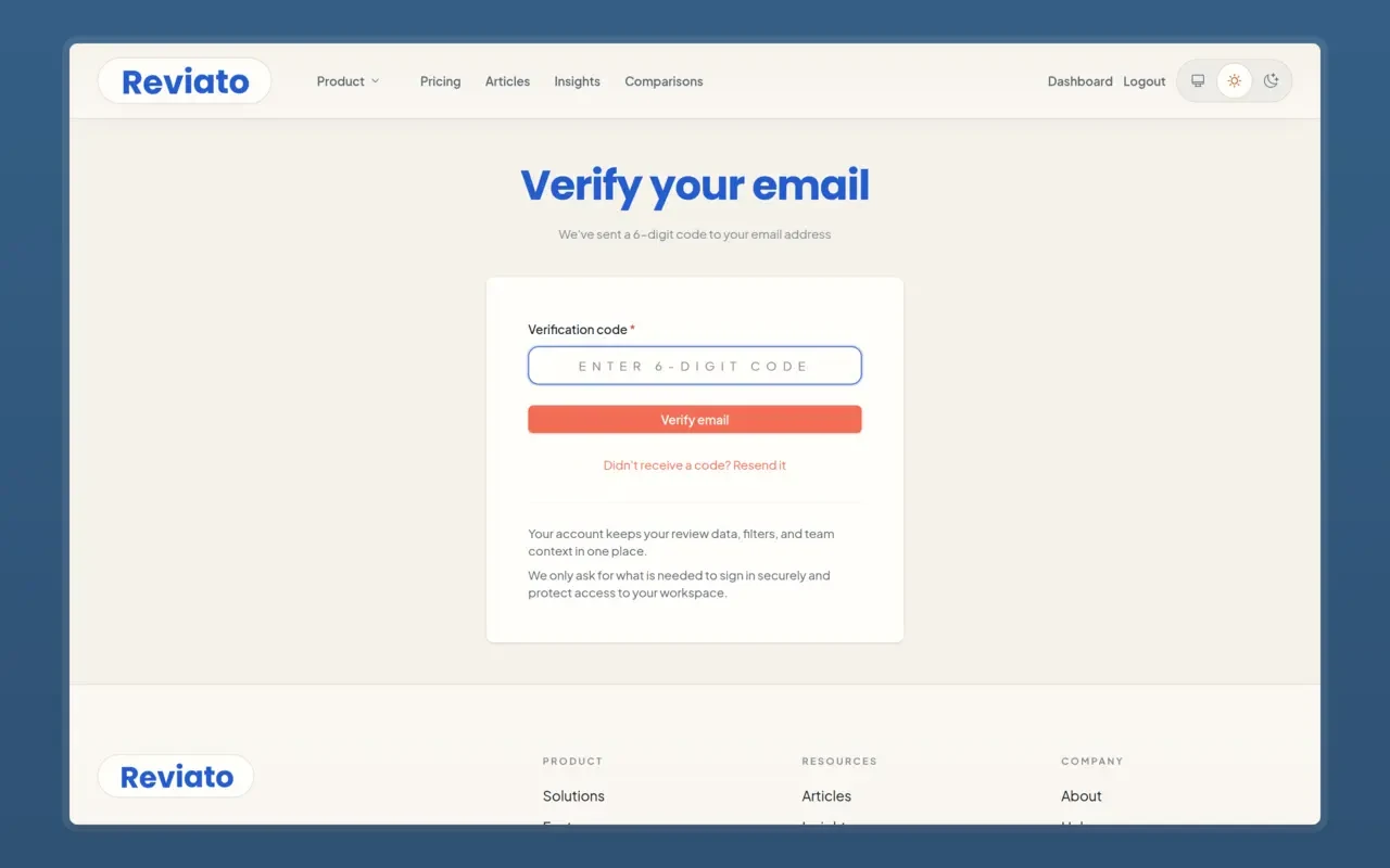 Email verification screen for activating a Reviato account