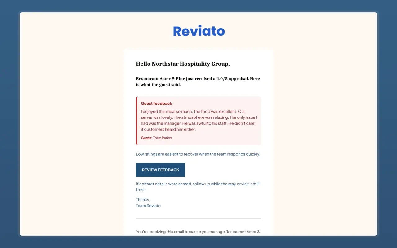 Low-rating alert email preview