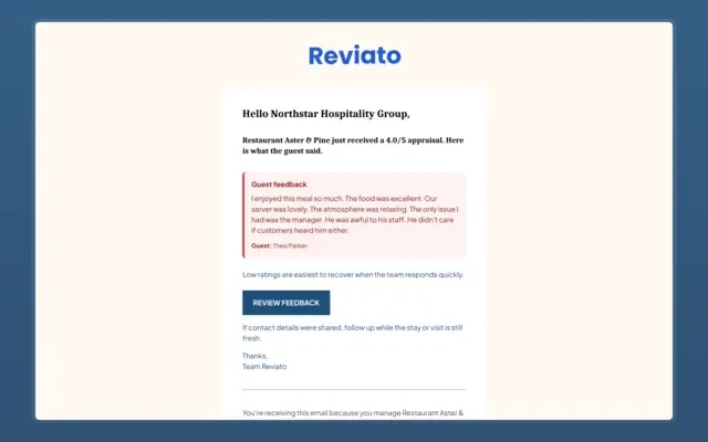 Low-rating alert email preview