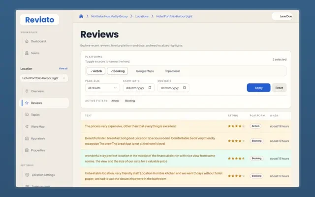 Vacation rental review analysis screen with unit-level feedback evidence.