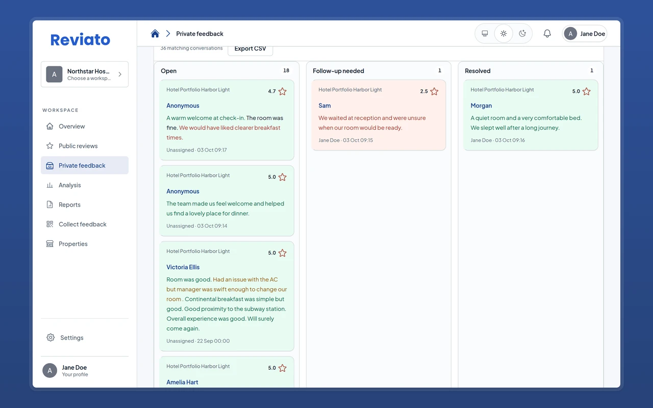 Reviato private feedback inbox showing location-level recovery context.