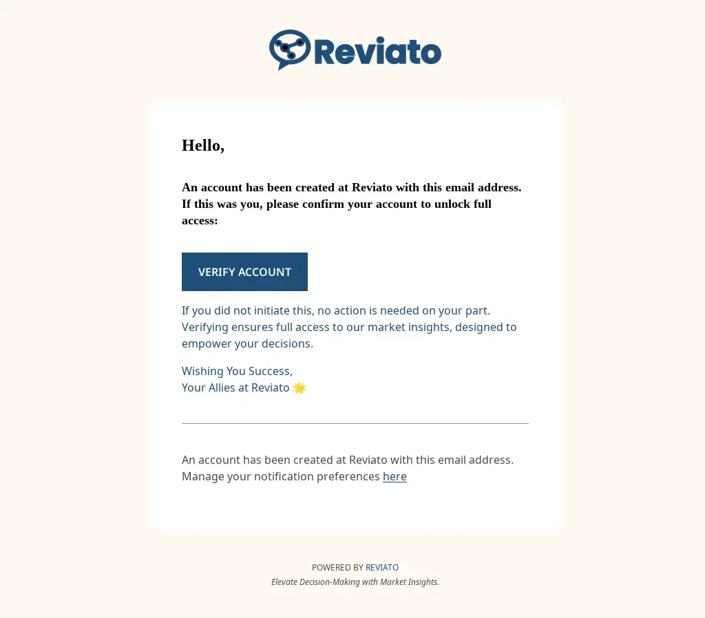 Reviato Setup Screenshot: Verify Your Email