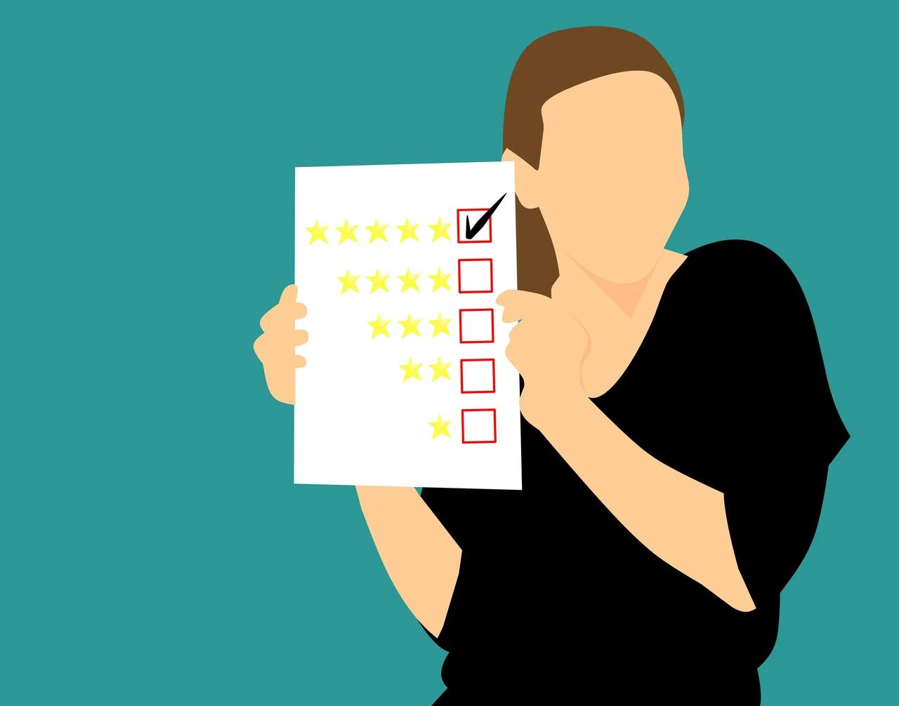 Illustration of a person holding a sheet with a five-star rating system, one box checked.